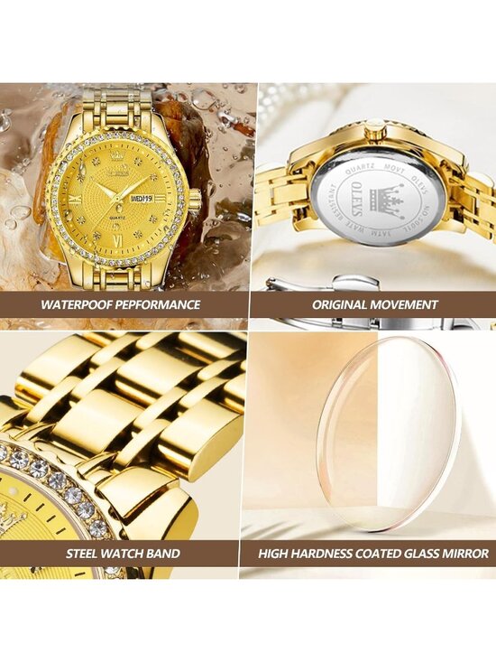 Women\'s All Gold Diamond Analog Stainless Steel Waterproof Elegant Luxury Watch